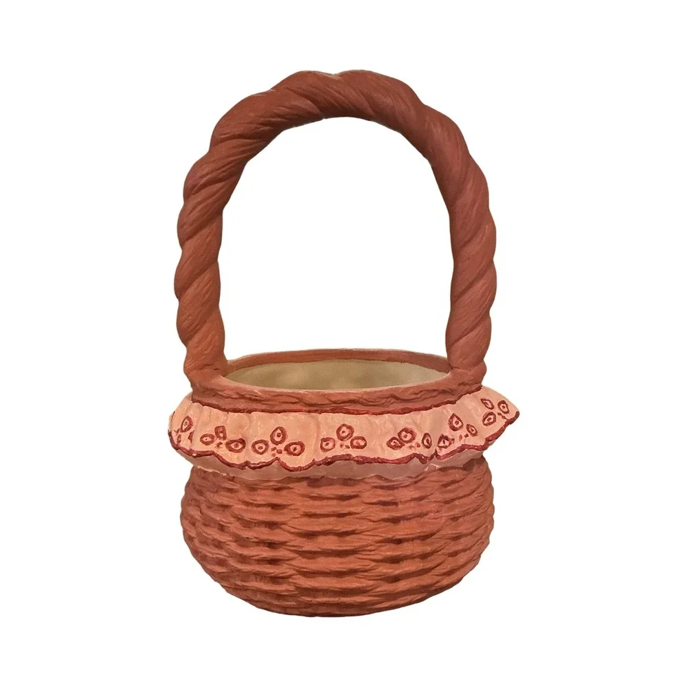 Vintage Ceramic Woven Basket Planter Terracotta Ruffle Floral Detail 7.5 Inch